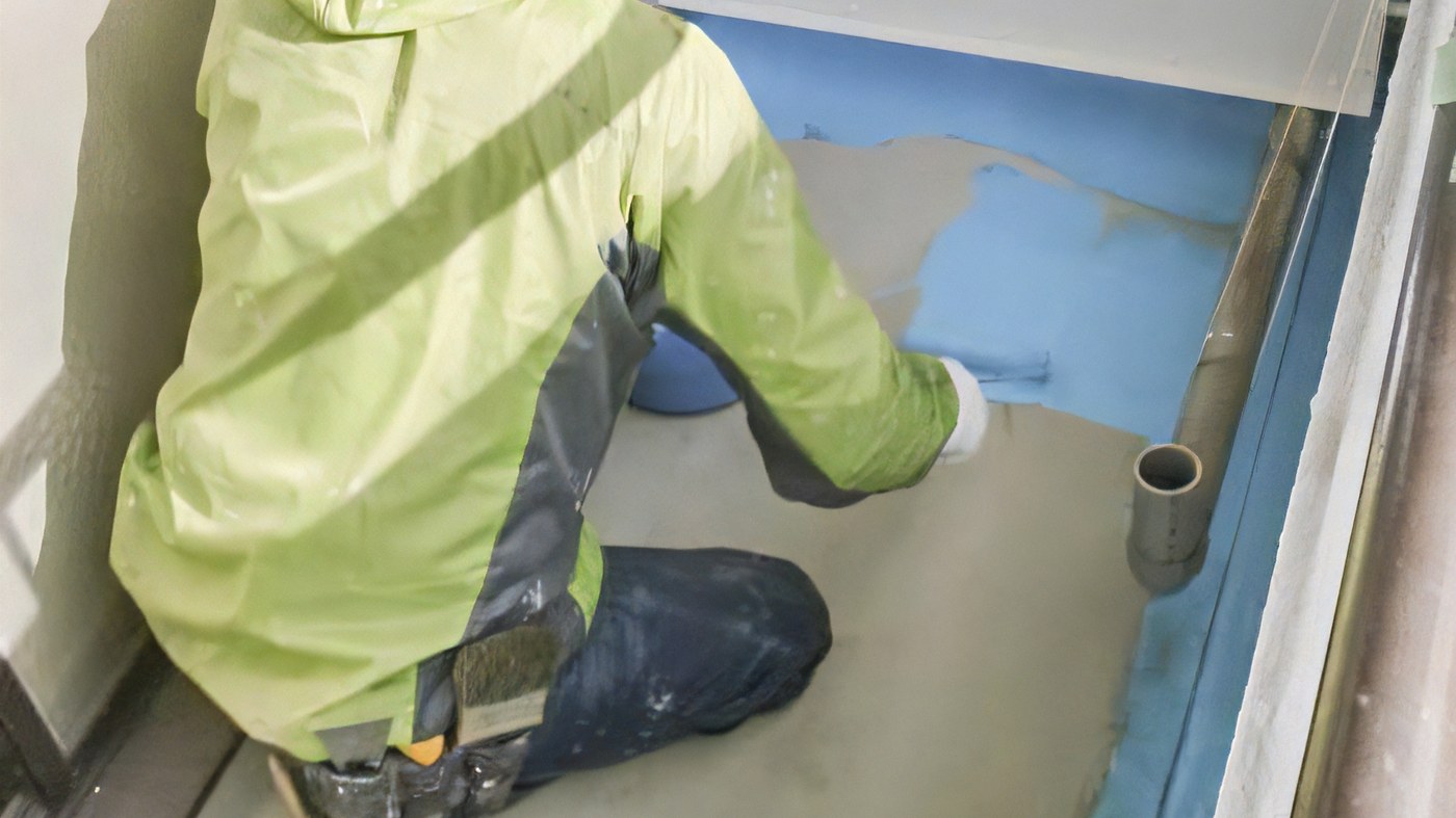 ベランダの床に防水材を塗っている職人