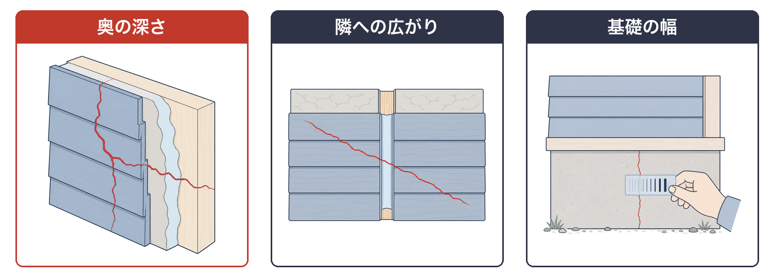 見分ける3つのポイント（割れ目の奥の深さ・隣の板への広がり・基礎のすき間の幅）