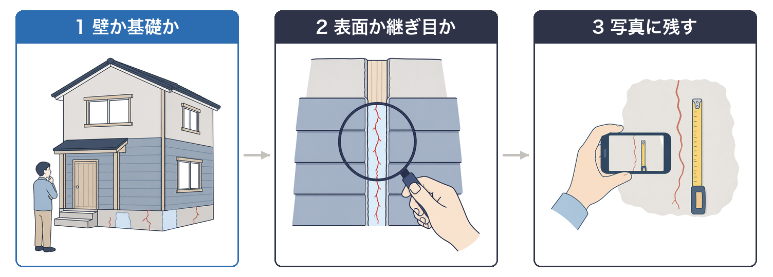 調べる3つの手順（壁か基礎か・板の表面か継ぎ目か・写真撮影）